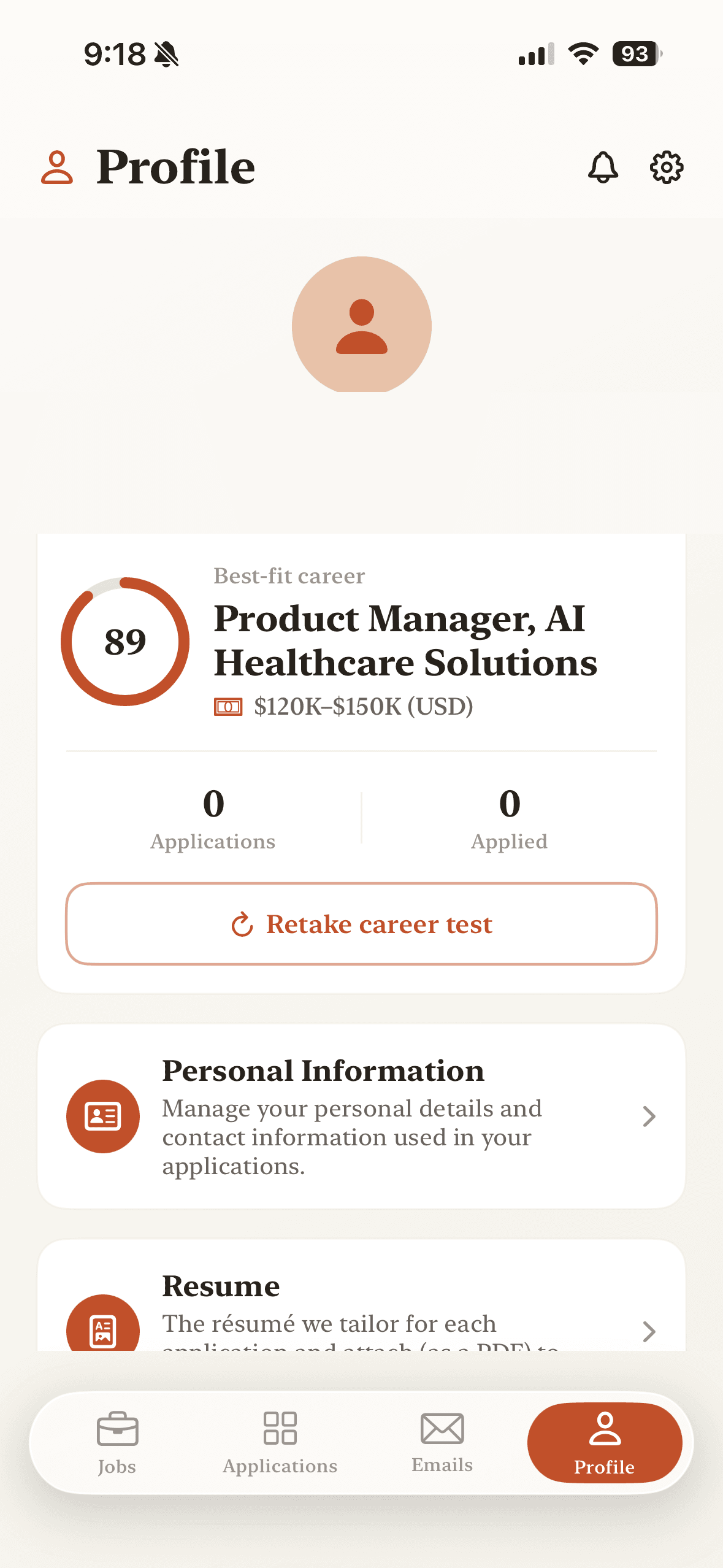 PathBuild career report: a best-fit score for a role with a salary range.