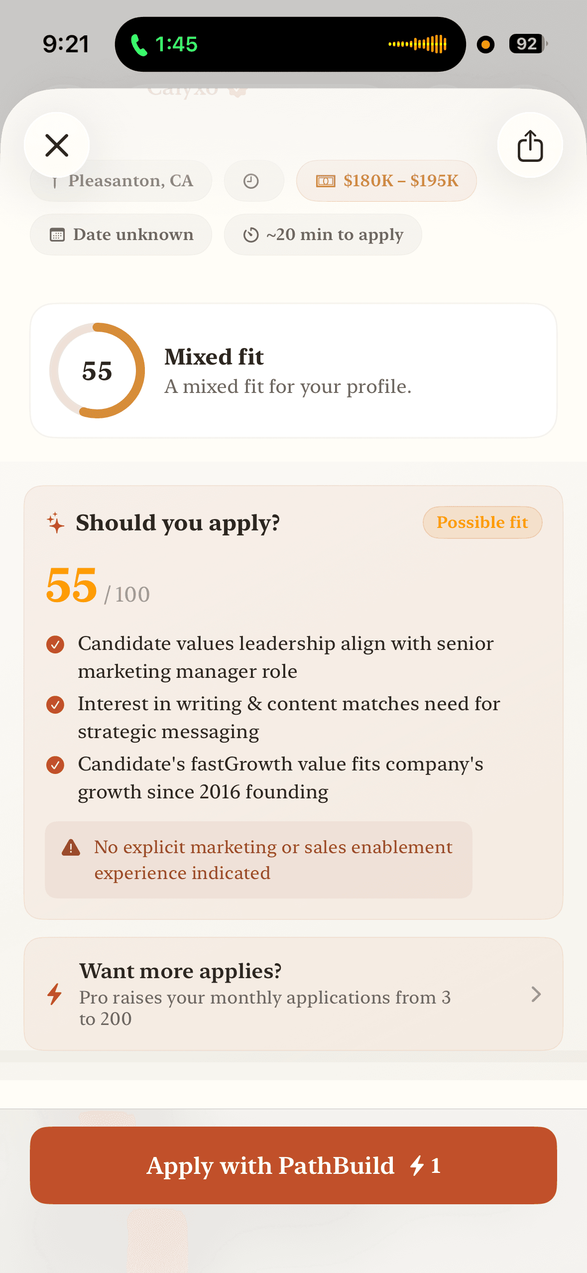 PathBuild ‘Should you apply?’ sheet: a fit score with its reasons and an honest warning.